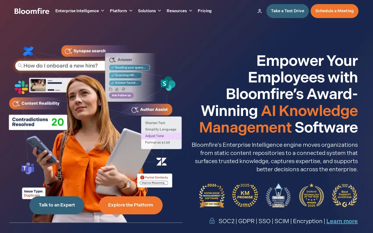 Bloomfire homepage showing its knowledge management platform positioning