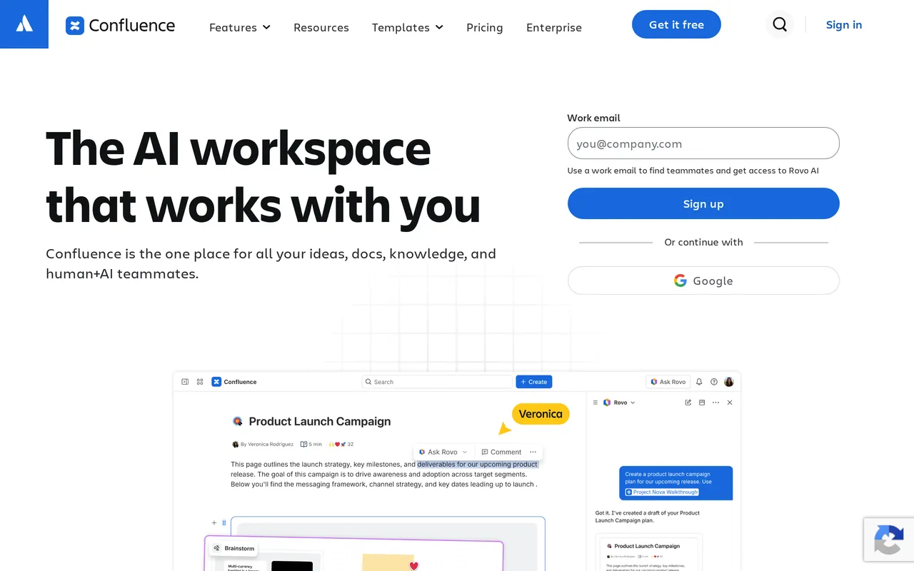 Confluence homepage showing its team workspace and wiki positioning
