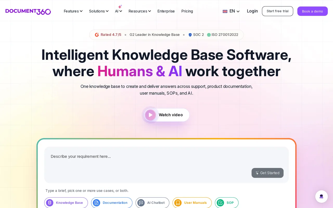 The Document360 homepage, showing its knowledge base software positioning