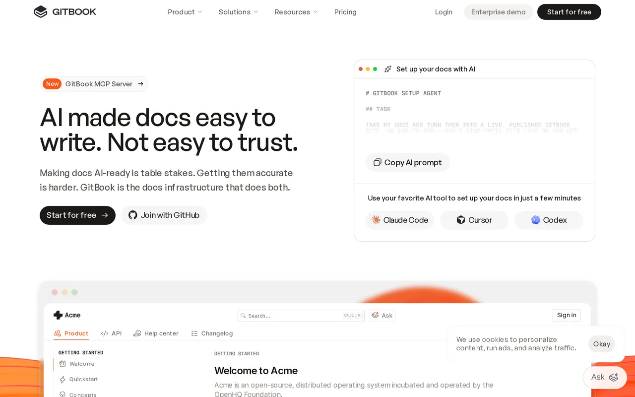 GitBook homepage showing its documentation platform positioning