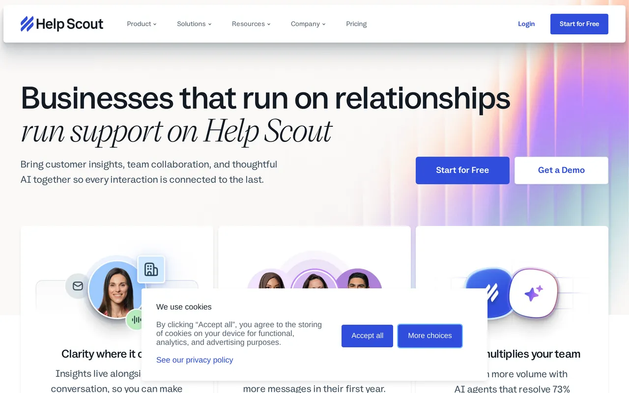 Help Scout homepage showing its shared inbox and support platform