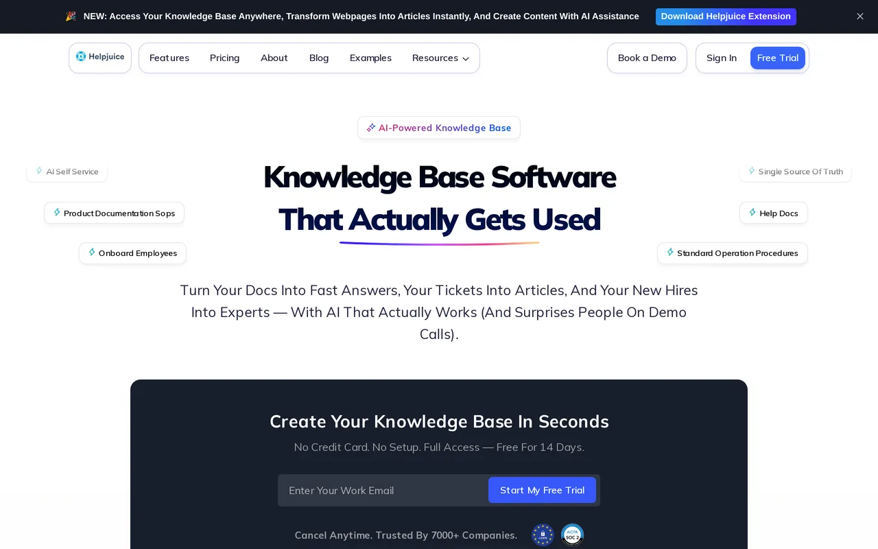 The Helpjuice homepage, showing its knowledge base software positioning