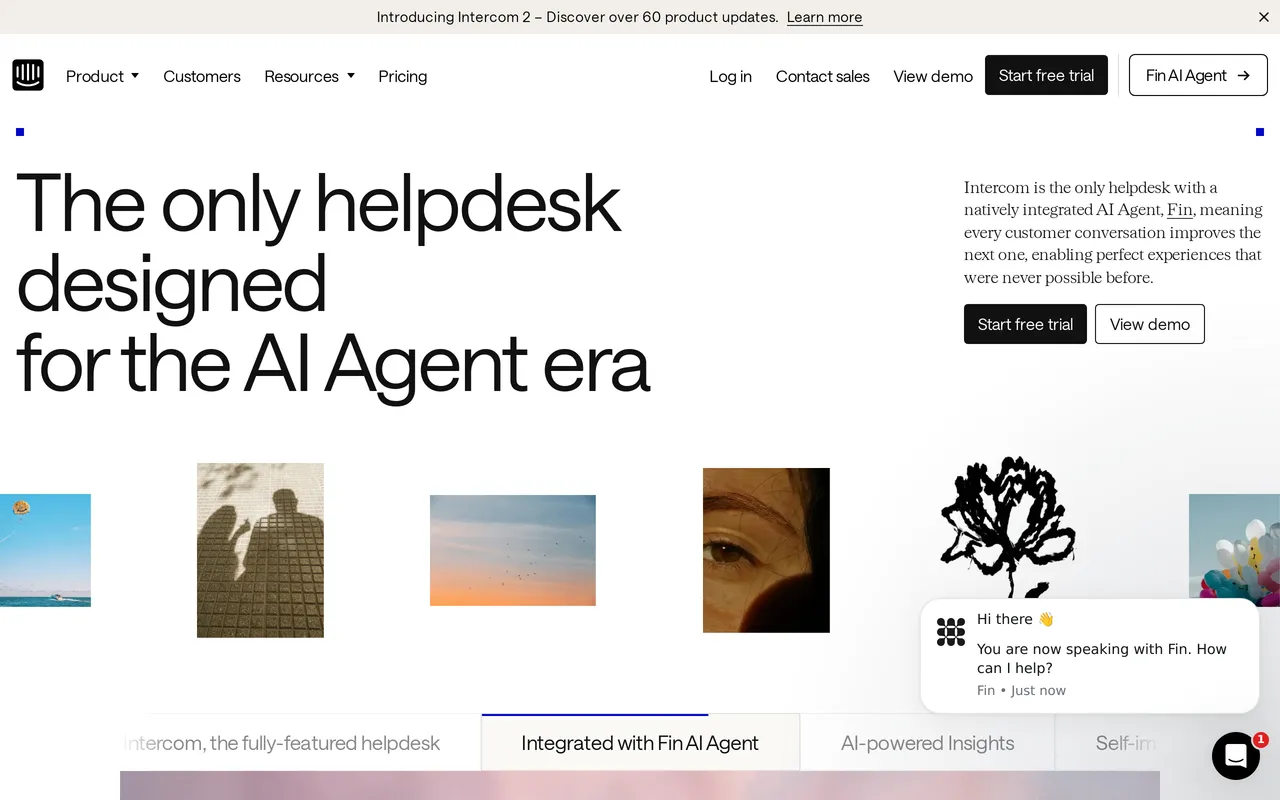 Intercom homepage showing its AI agent and helpdesk positioning
