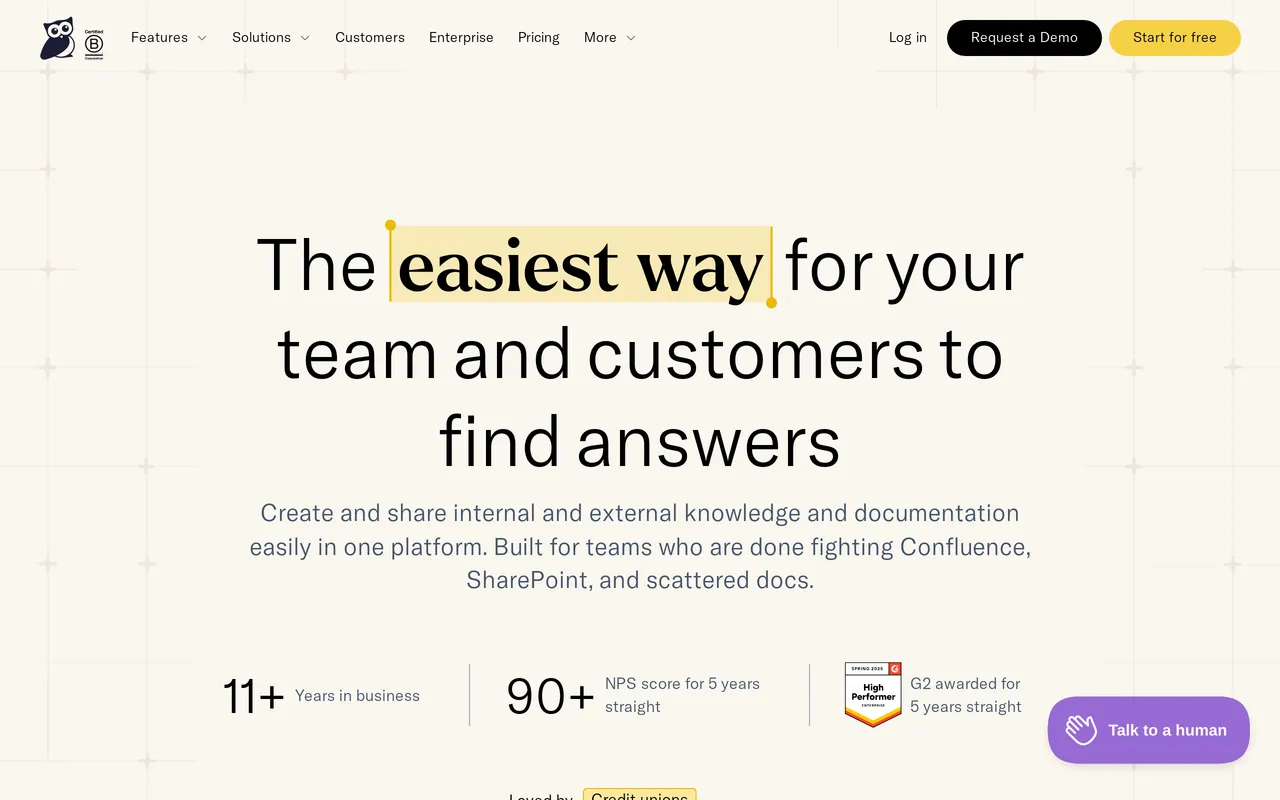 The KnowledgeOwl homepage, showing its hosted knowledge base and reader permissions positioning