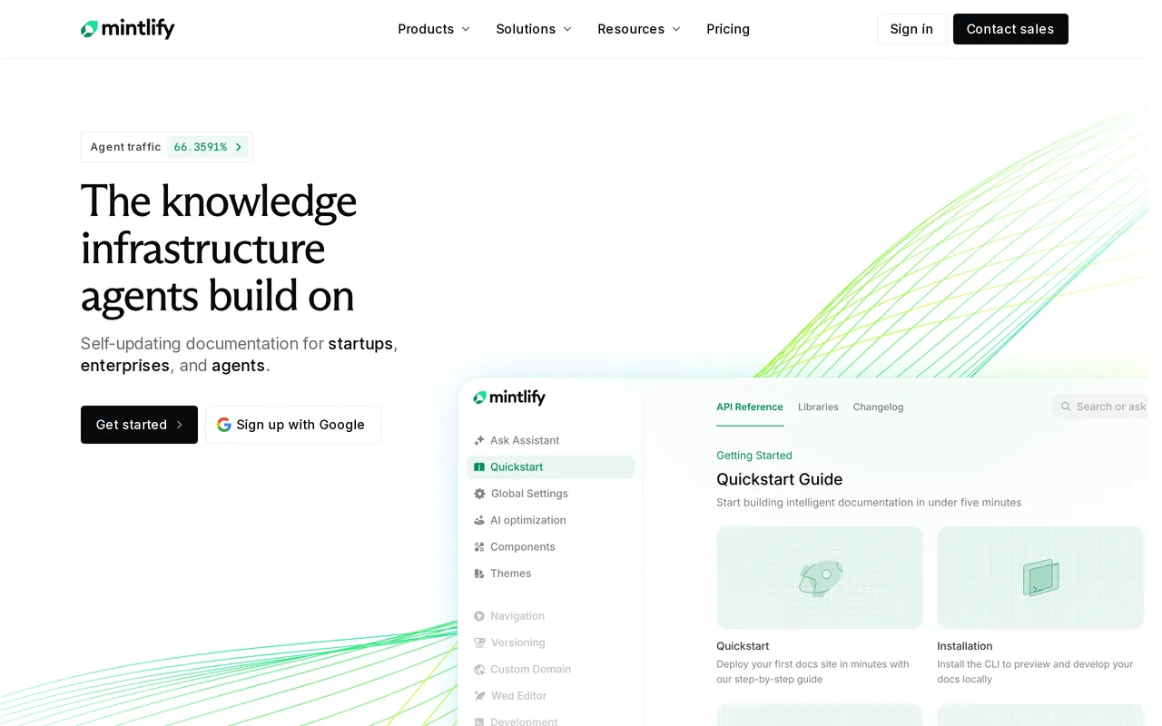 The Mintlify homepage, showing its developer documentation platform