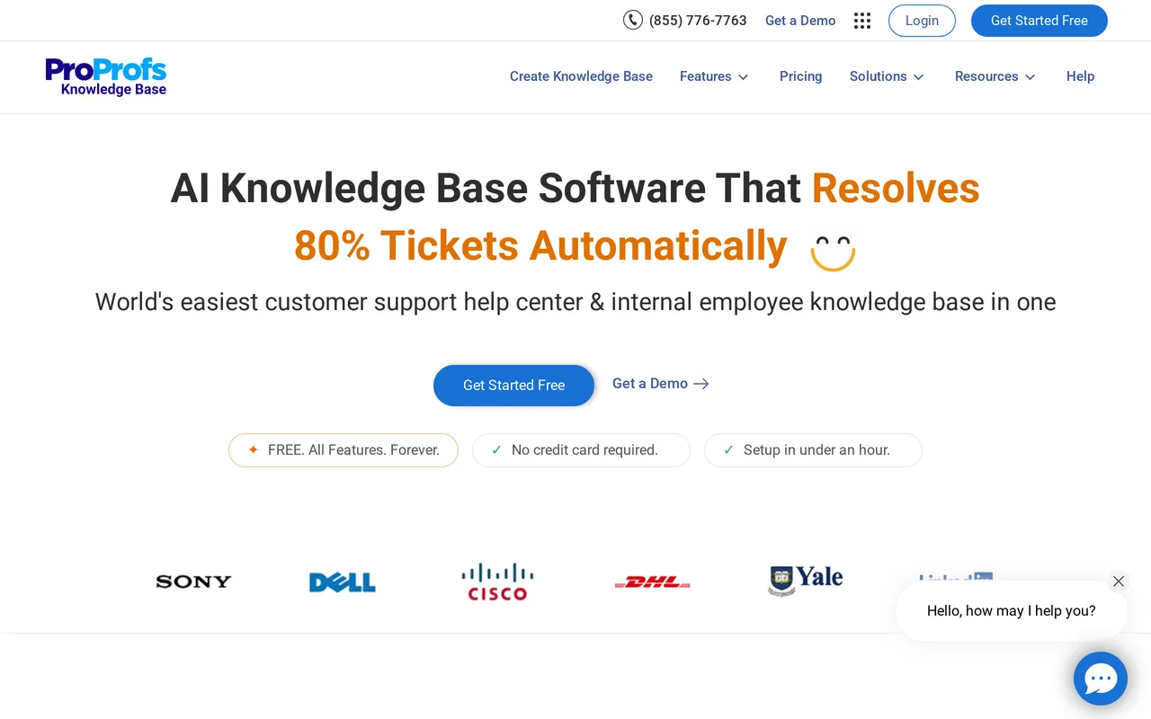 The ProProfs Knowledge Base homepage, showing its knowledge base software positioning