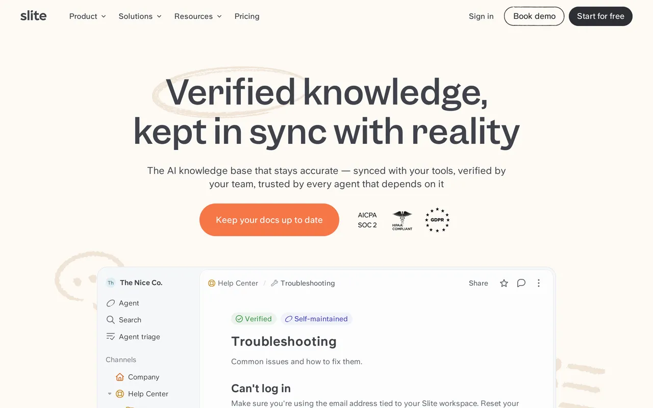 Slite homepage showing its team wiki and Ask AI positioning