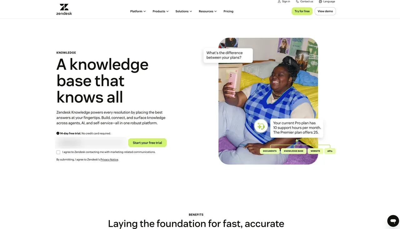 The Zendesk Knowledge product page, showing its knowledge base and help center positioning