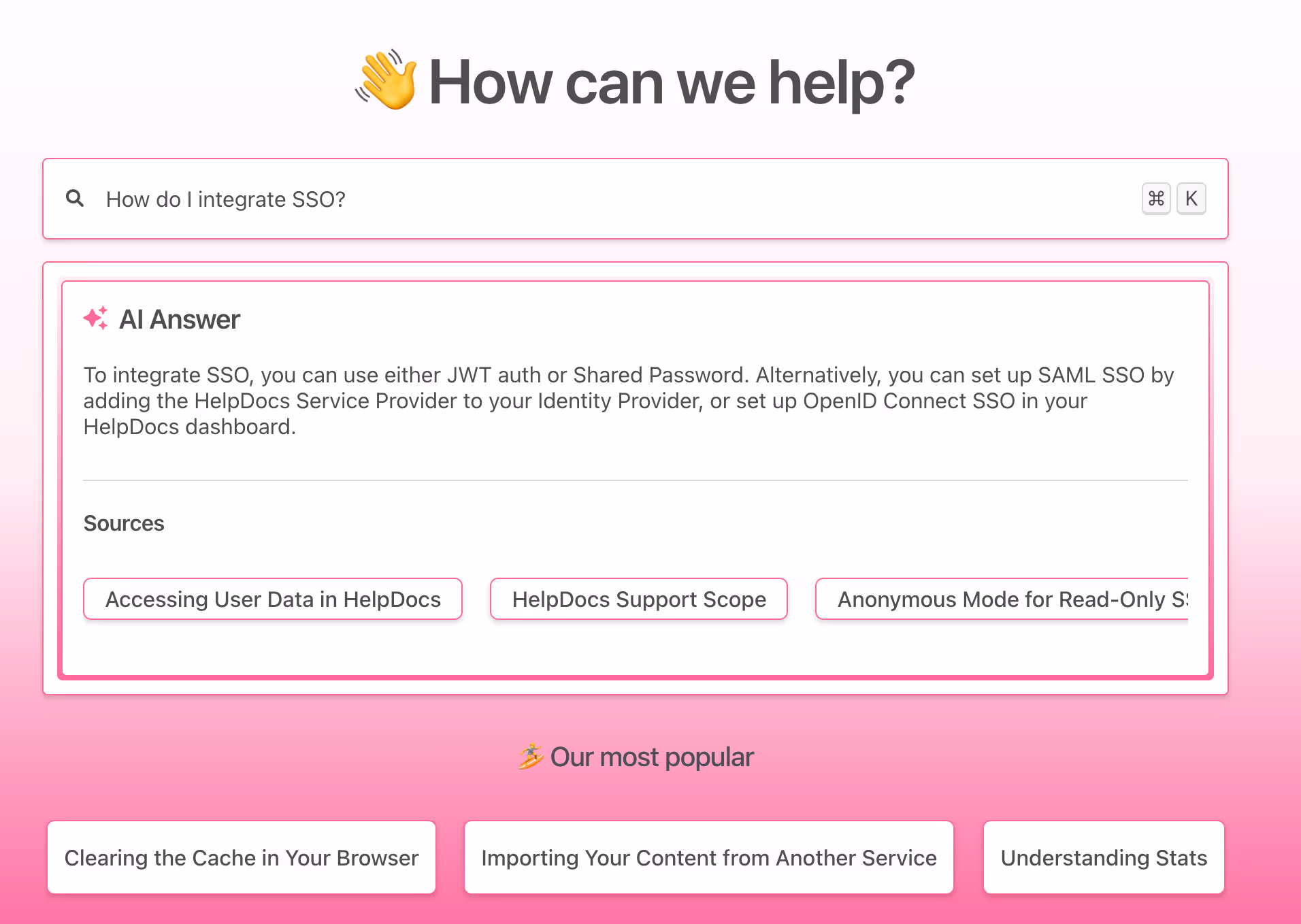 HelpDocs AI answering a customer question directly in the knowledge base