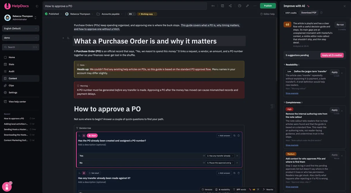 The How to approve a PO article open in the HelpDocs editor, with Improve with AI suggestions alongside