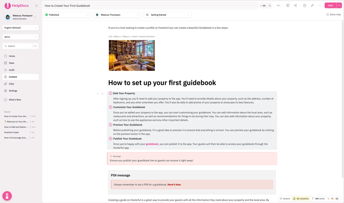 The guidebook article open in the HelpDocs editor