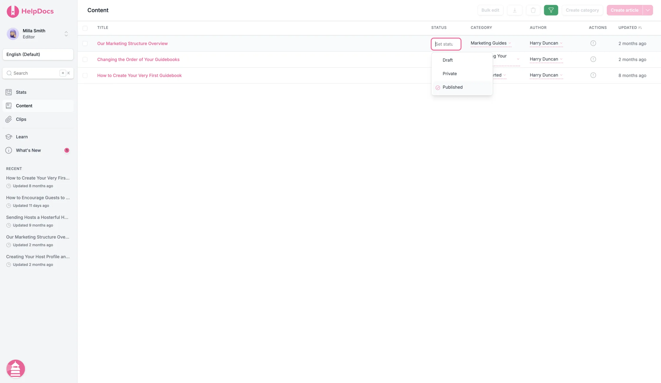 The HelpDocs admin listing articles with categories, filters, and stale badges