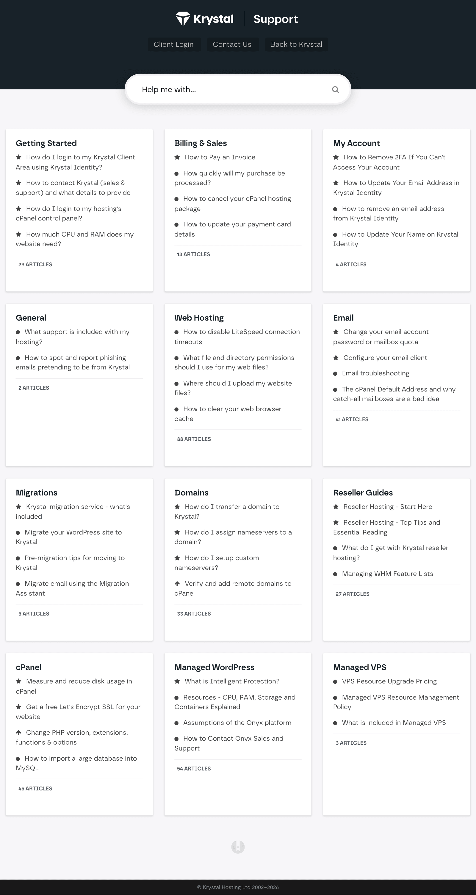 Krystal Hosting knowledge base, with categories for cPanel, web hosting, WordPress, email, migrations, domains and reseller hosting