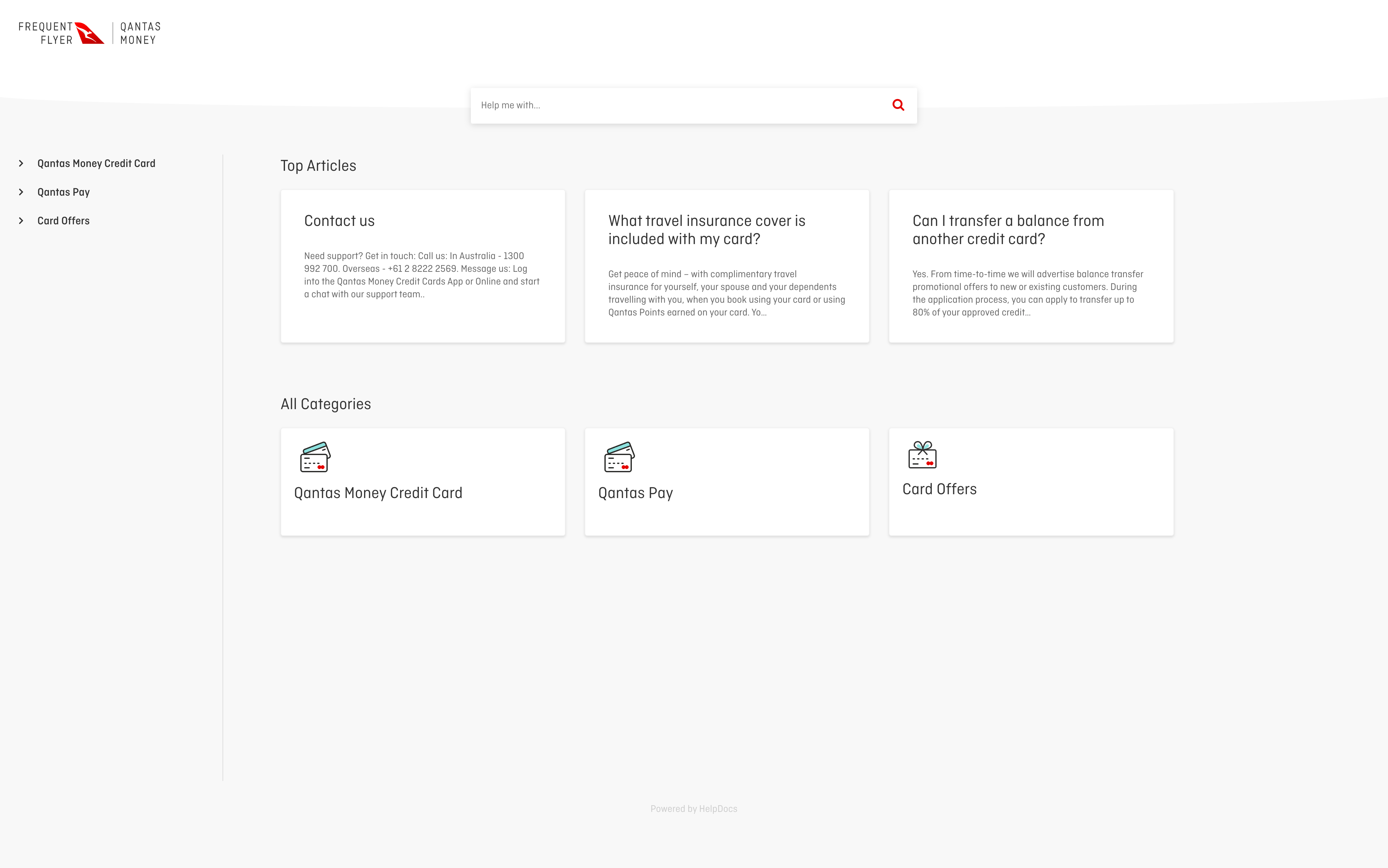 Qantas Money help and support knowledge base interface