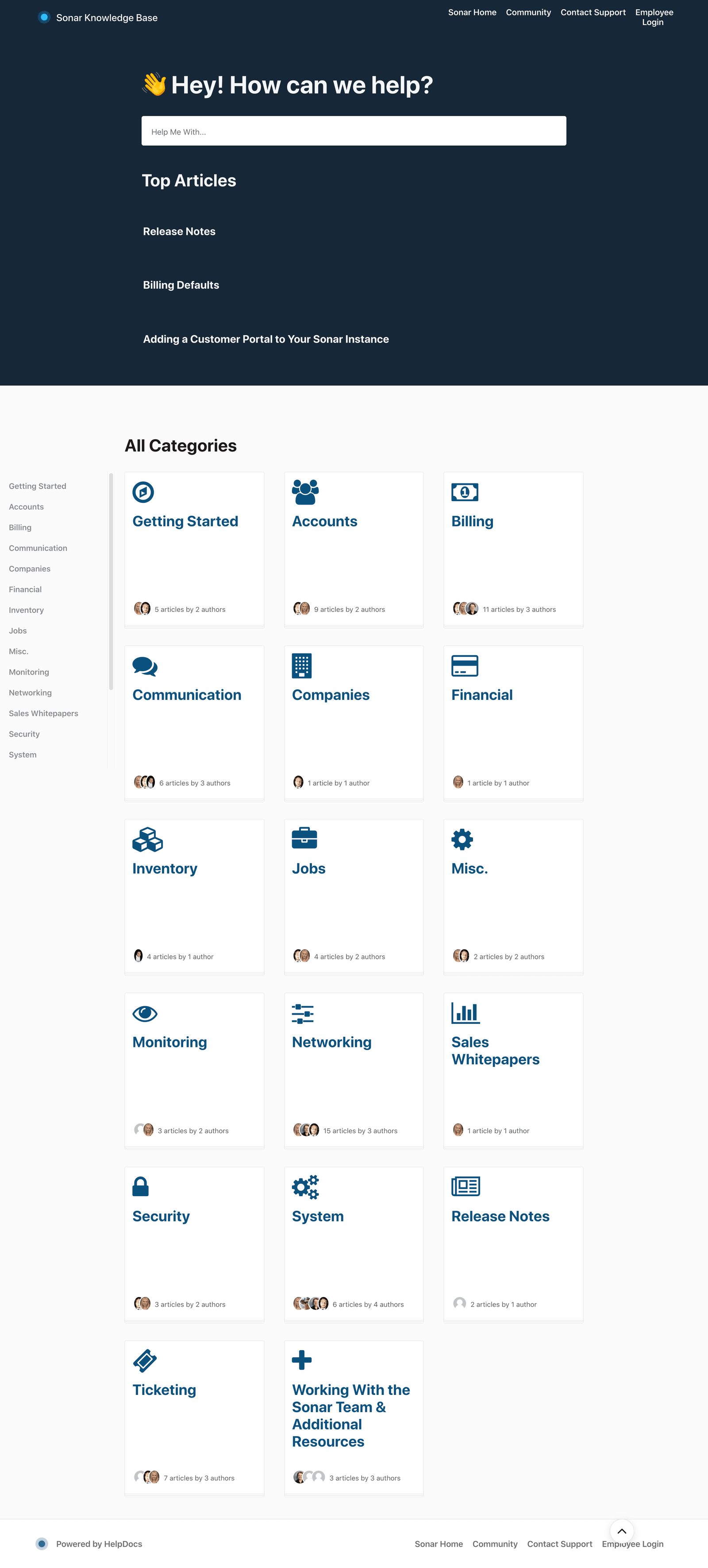 Sonar Software knowledge base interface