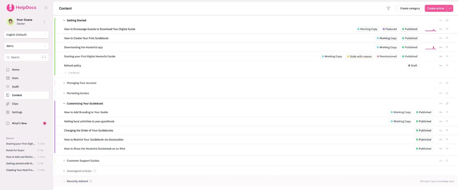 The HelpDocs content list for a demo help center. Articles carry status badges: Working Copy, Published, Draft, Featured, Permissioned and Stale with reason.