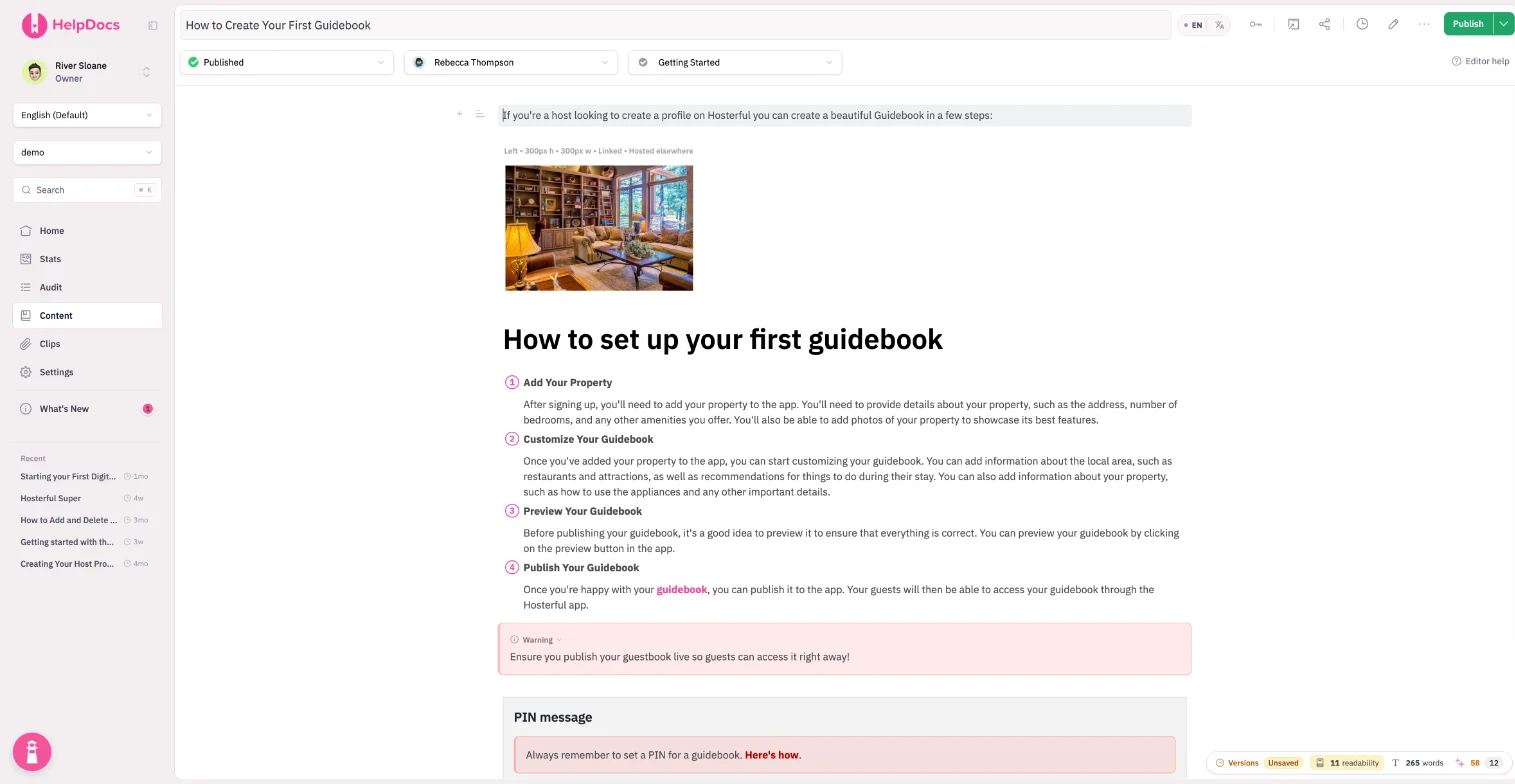 The HelpDocs editor showing the article "How to Create Your First Guidebook", with numbered steps, a warning callout and a reusable PIN message block. The status bar shows the version, readability score and word count.